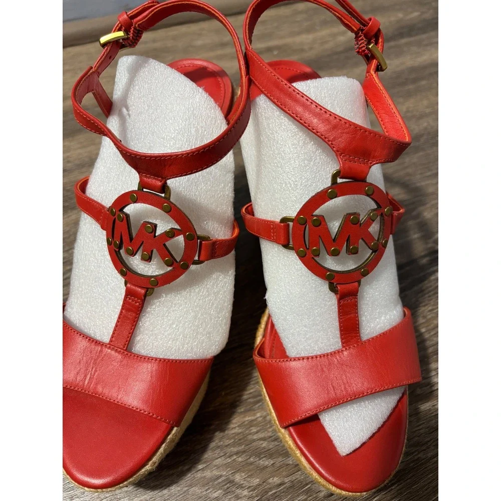 Michael Kors Red‎ Leather Espadrille Wedge Sandals MK Logo Gold Hardware 8M